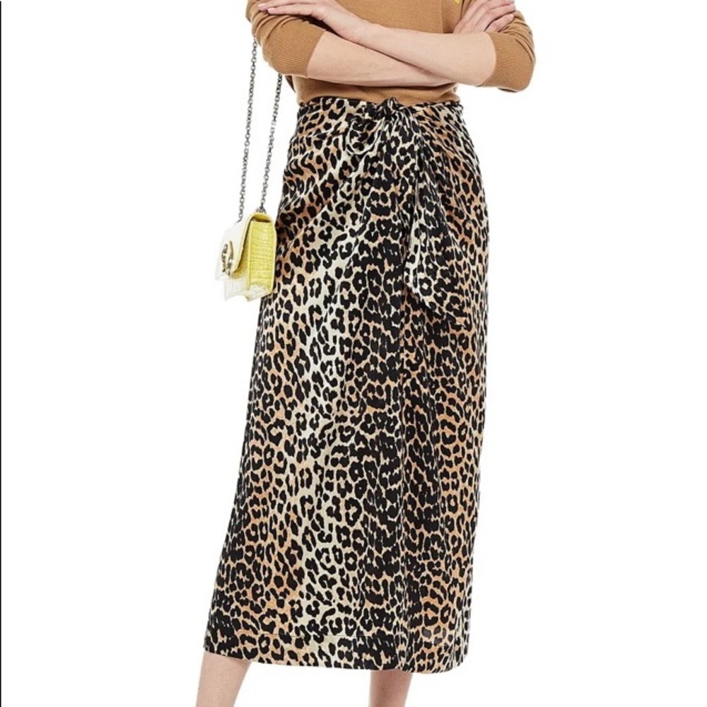 GANNI stretch satin leopard print midi skirt
